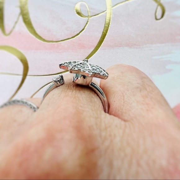 Umbrella Fancy Fidget Spinner Crystal CZ Rotating Silver Ring Resizable - Picture 3 of 5